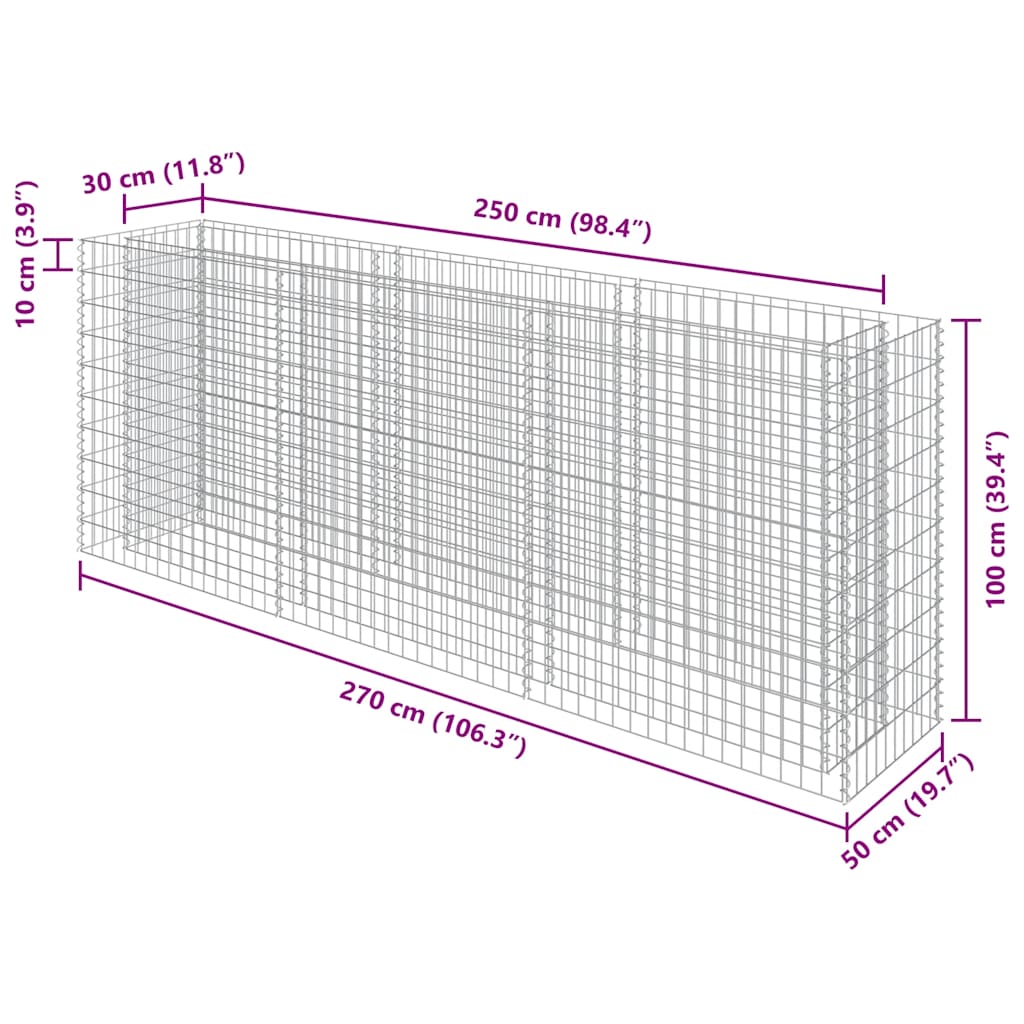 Planteringsgabion upphöjd galvaniserat stål 270x50x100 cm