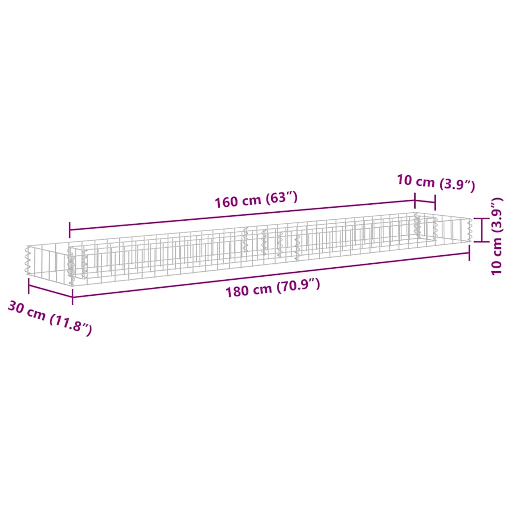 Planteringsgabion upphöjd galvaniserat stål 180x30x10 cm