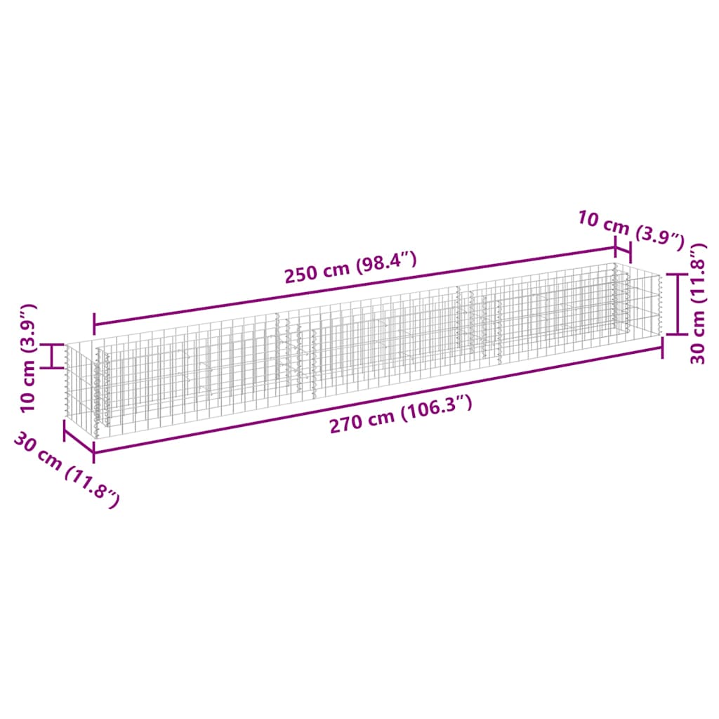 Planteringsgabion upphöjd galvaniserat stål 270x30x30 cm