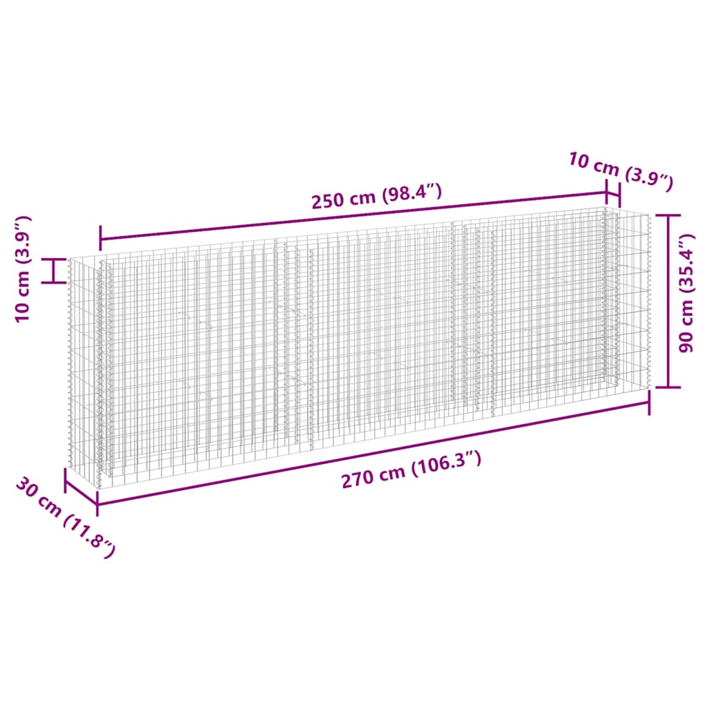 Planteringsgabion upphöjd galvaniserat stål 270x30x90 cm