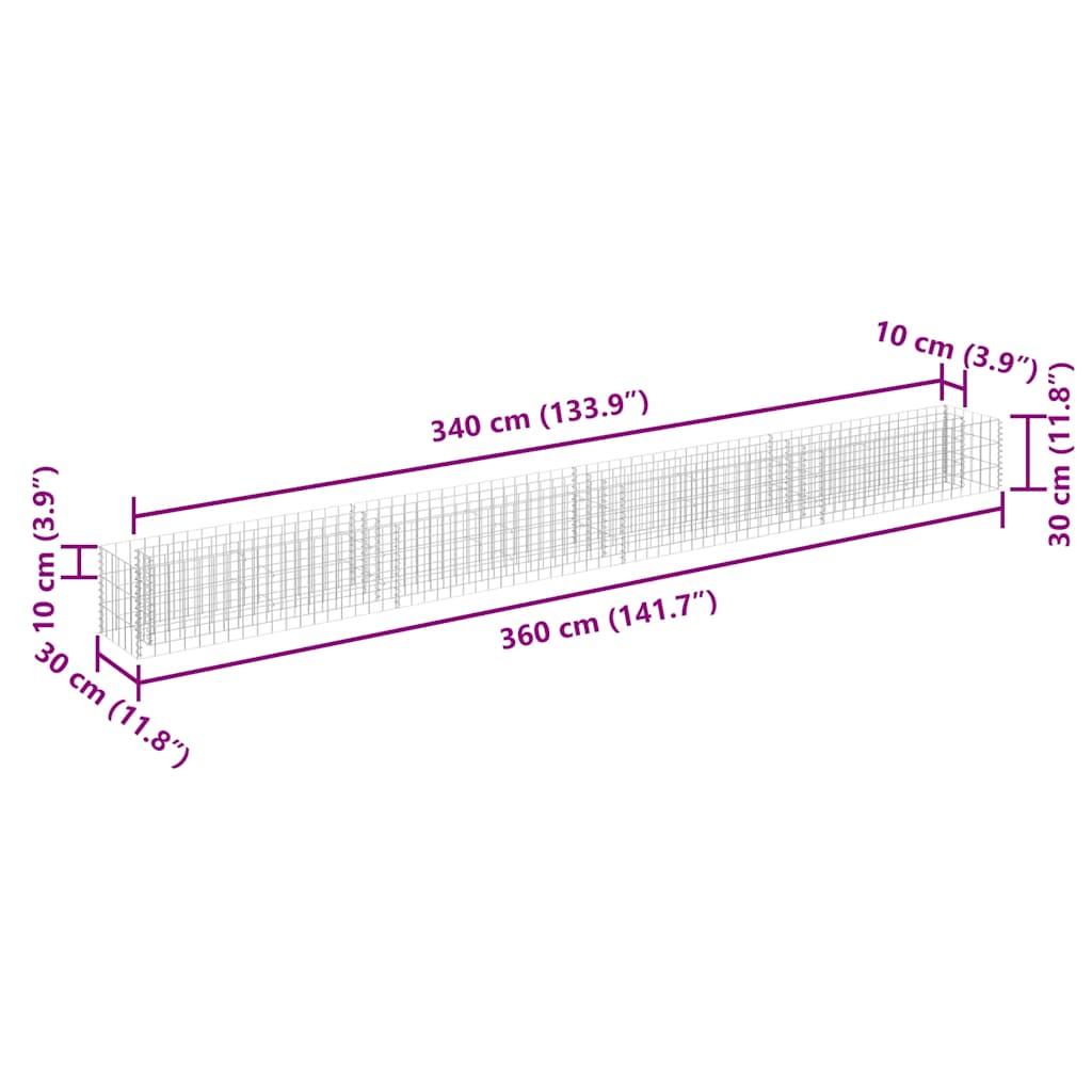 Planteringsgabion upphöjd galvaniserat stål 360x30x30 cm