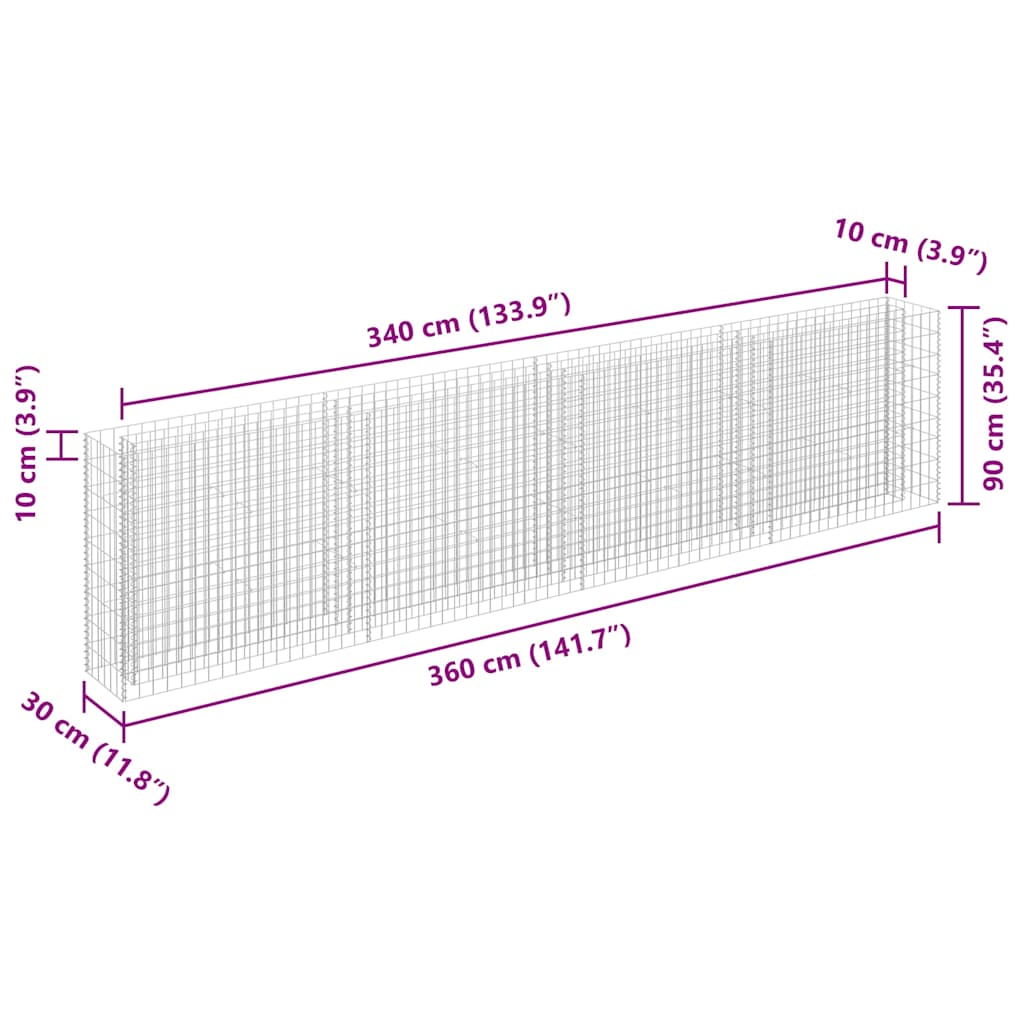 Planteringsgabion upphöjd galvaniserat stål 360x30x90 cm