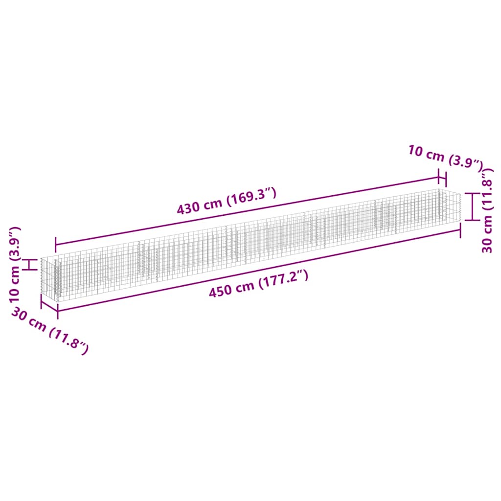 Planteringsgabion upphöjd galvaniserat stål 450x30x30 cm