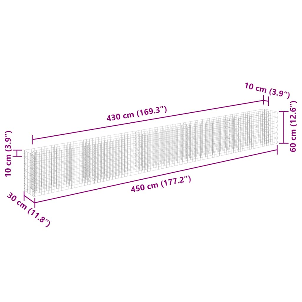 Planteringsgabion upphöjd galvaniserat stål 450x30x60 cm