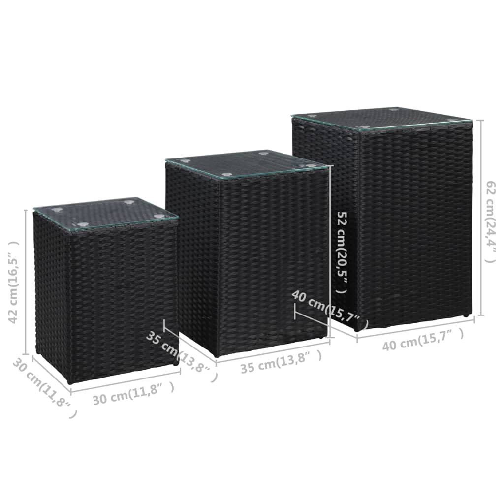 Sidobord 3 delar med glasskiva svart konstrotting