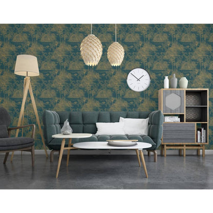 DUTCH WALLCOVERINGS Tapet Tropical mörkblå och guld