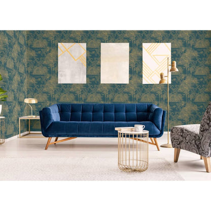 DUTCH WALLCOVERINGS Tapet Tropical mörkblå och guld