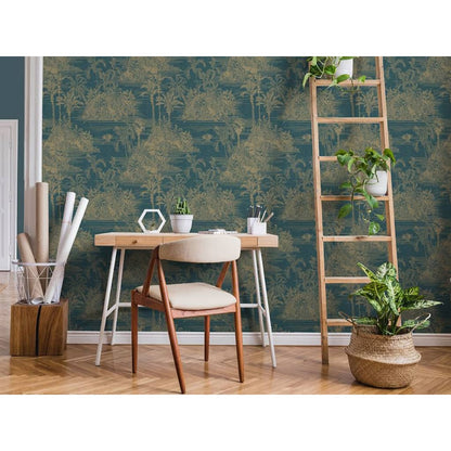 DUTCH WALLCOVERINGS Tapet Tropical mörkblå och guld