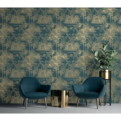 DUTCH WALLCOVERINGS Tapet Tropical mörkblå och guld