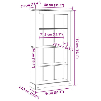 Bokhylla i mexikansk Coronastil med 4 hyllor furu 80x29x150 cm