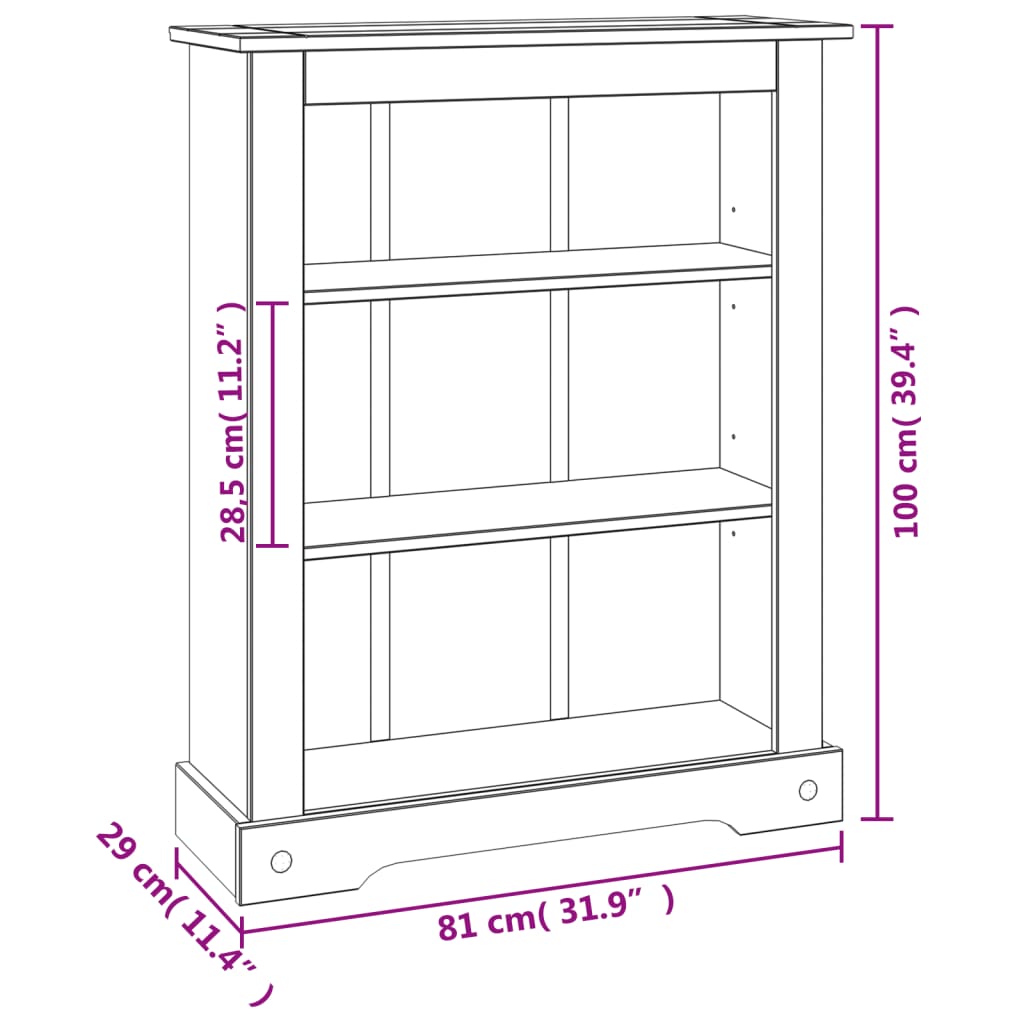 Bokhylla i mexikansk Coronastil med 3 hyllor furu 80x29x100 cm