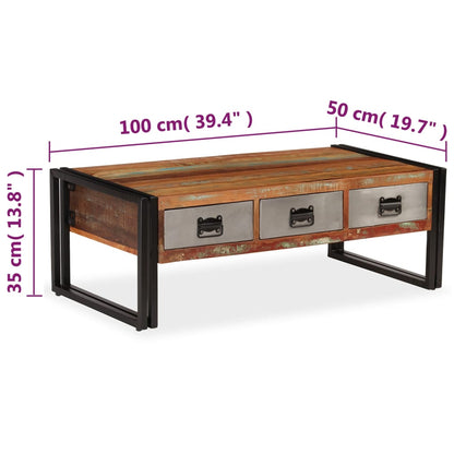 Soffbord med 3 lådor massivt återvunnet trä 100x50x35 cm