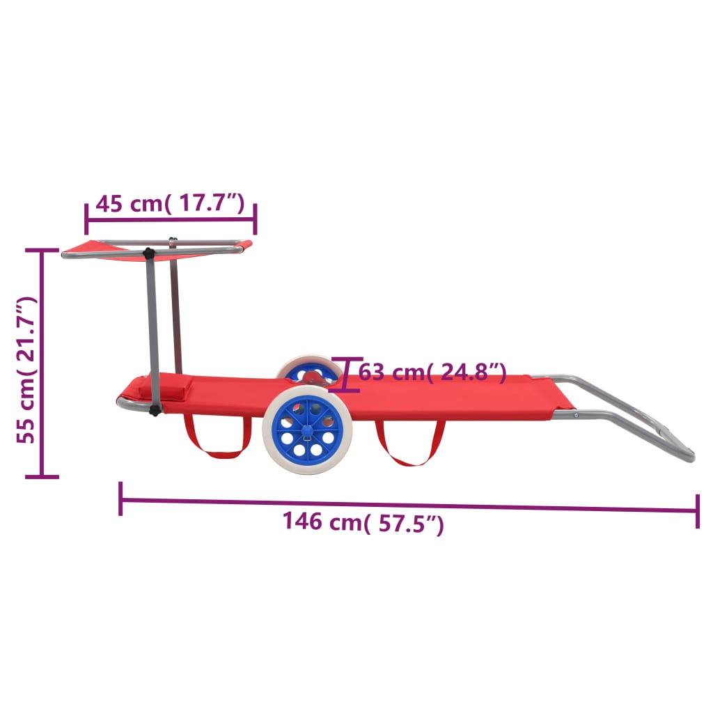 Hopfällbar solsäng med tak och hjul stål röd