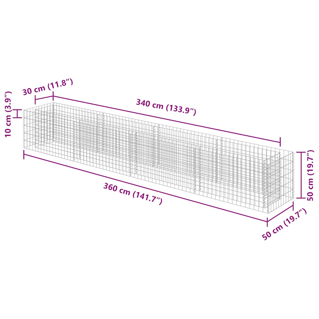 Planteringsgabion upphöjd galvaniserat stål 360x50x50 cm
