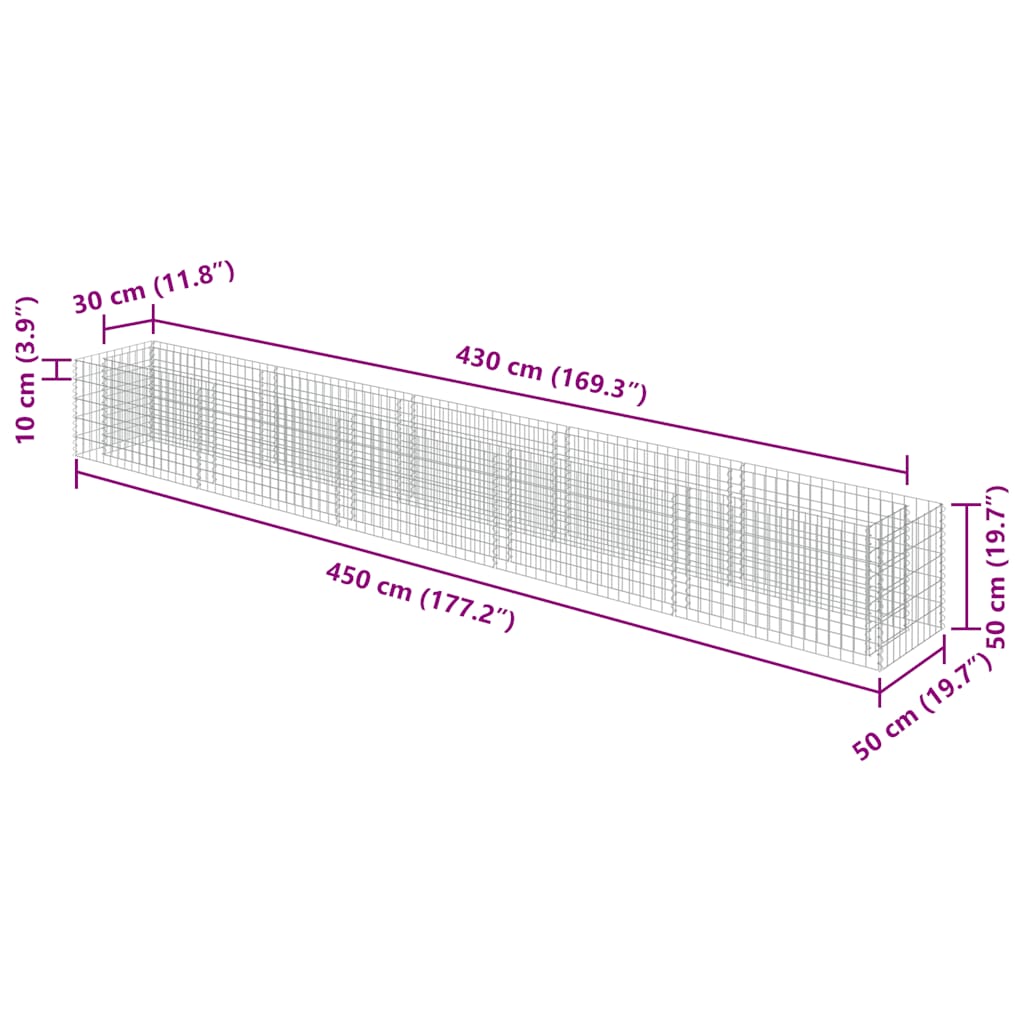 Planteringsgabion upphöjd galvaniserat stål 450x50x50 cm