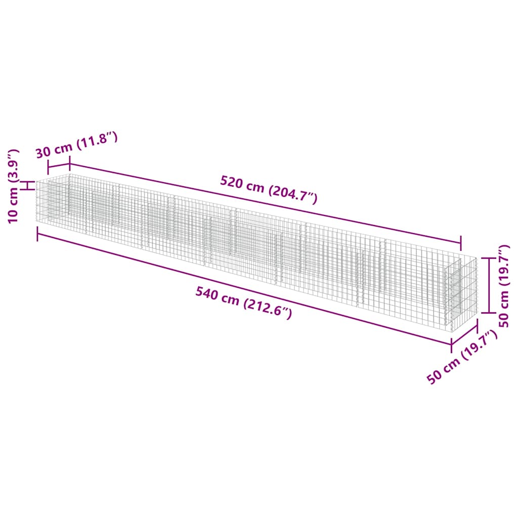 Planteringsgabion upphöjd galvaniserat stål 540x50x50 cm