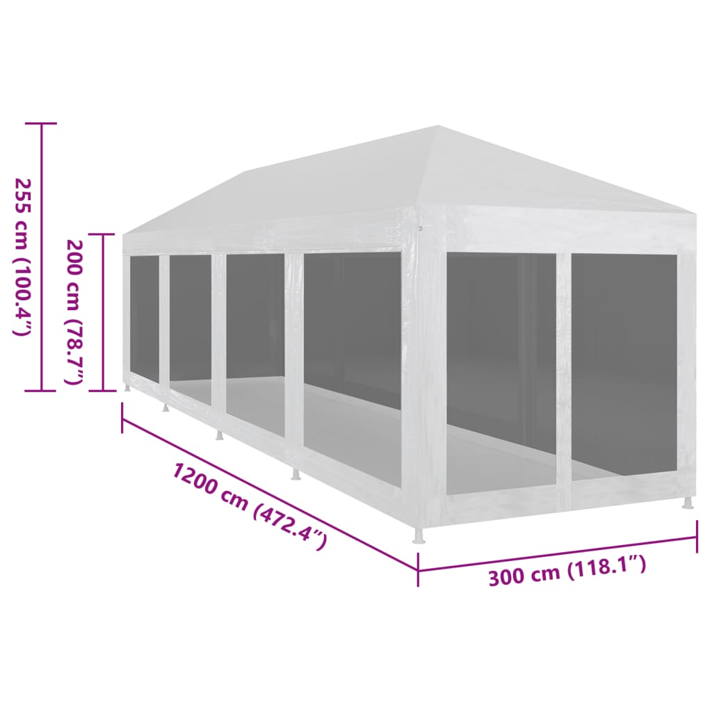 Partytält med 10 sidoväggar i nät 12x3 m