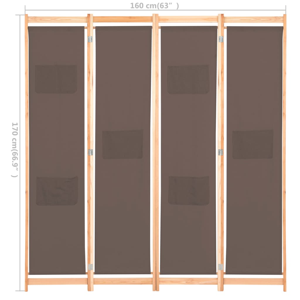 Rumsavdelare 4 paneler 160x170x4 cm brun tyg