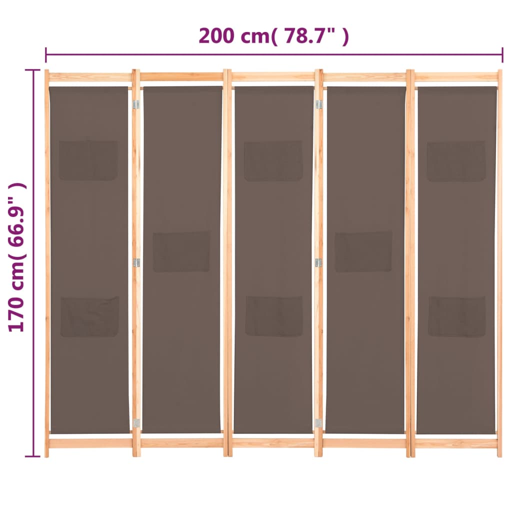 Rumsavdelare 5 paneler 200x170x4 cm brun tyg