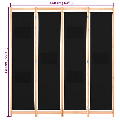 Rumsavdelare 4 paneler 160x170x4 cm svart tyg