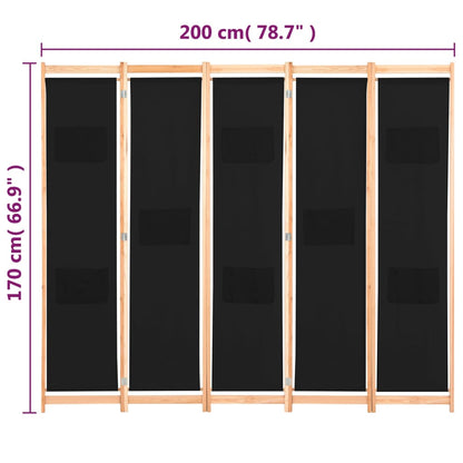 Rumsavdelare 5 paneler 200x170x4 cm svart tyg