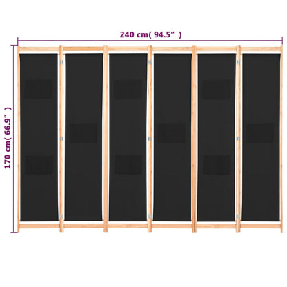 Rumsavdelare 6 paneler 240x170x4 cm svart tyg