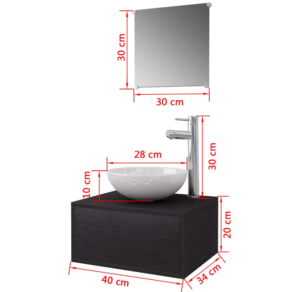 Badrumsmöbler med handfat och kran svart 4 delar