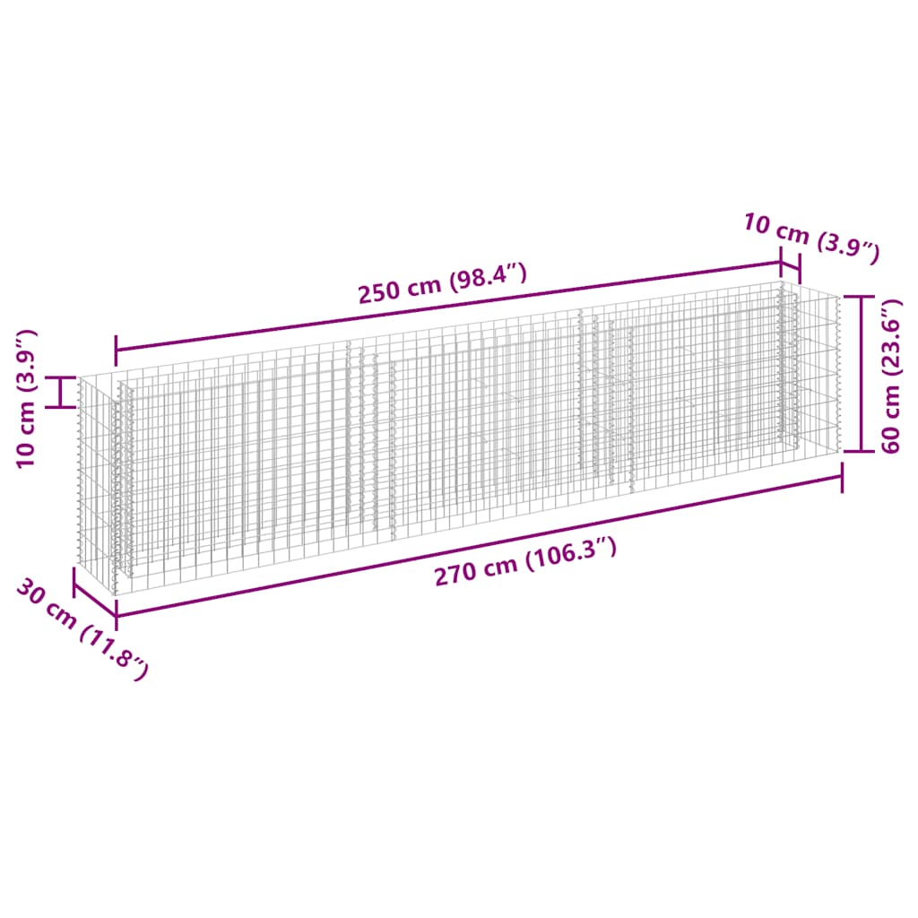 Planteringsgabion upphöjd galvaniserat stål 270x30x60 cm
