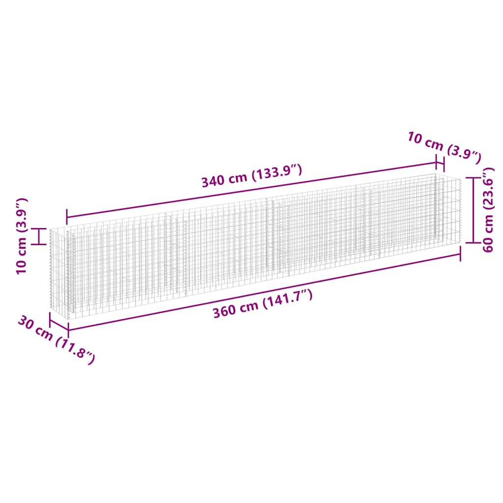 Planteringsgabion upphöjd galvaniserat stål 360x30x60 cm
