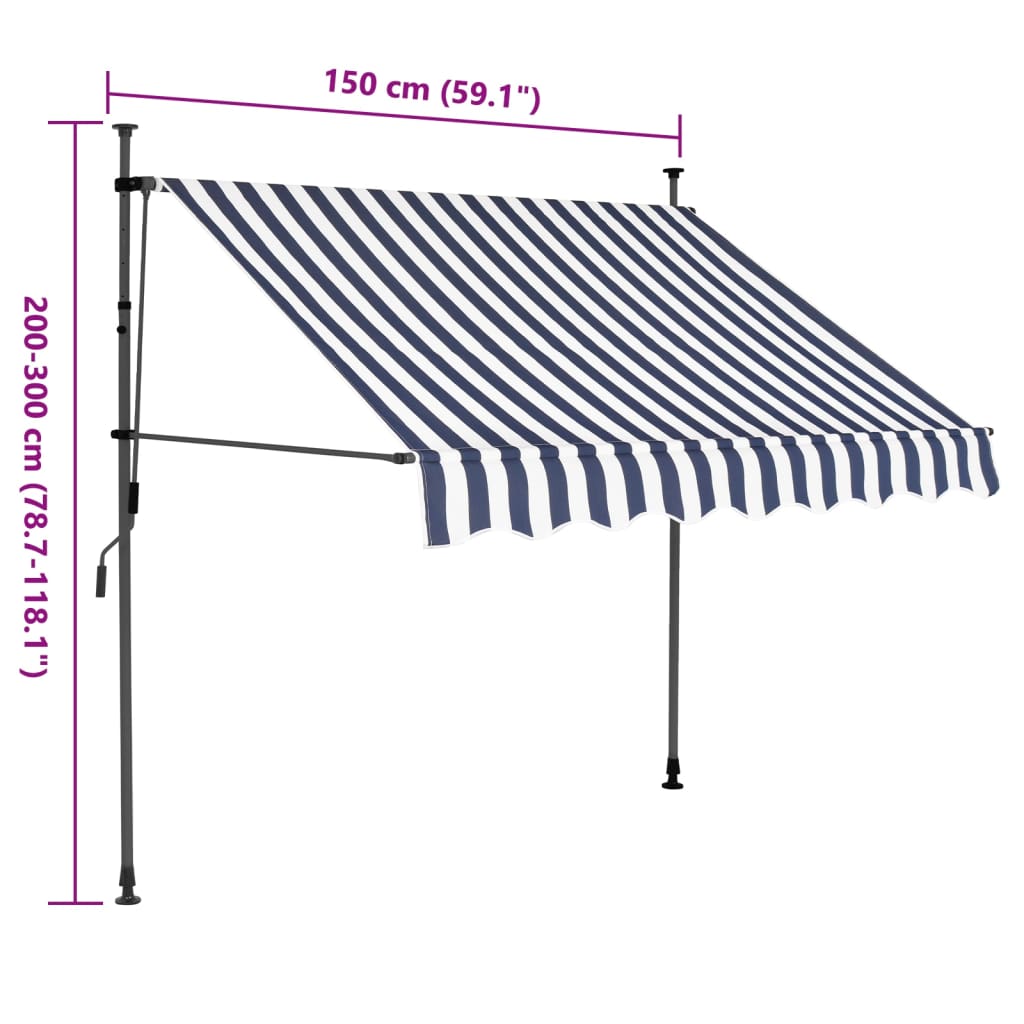 Markis manuellt infällbar med LED 150 cm blå och vit