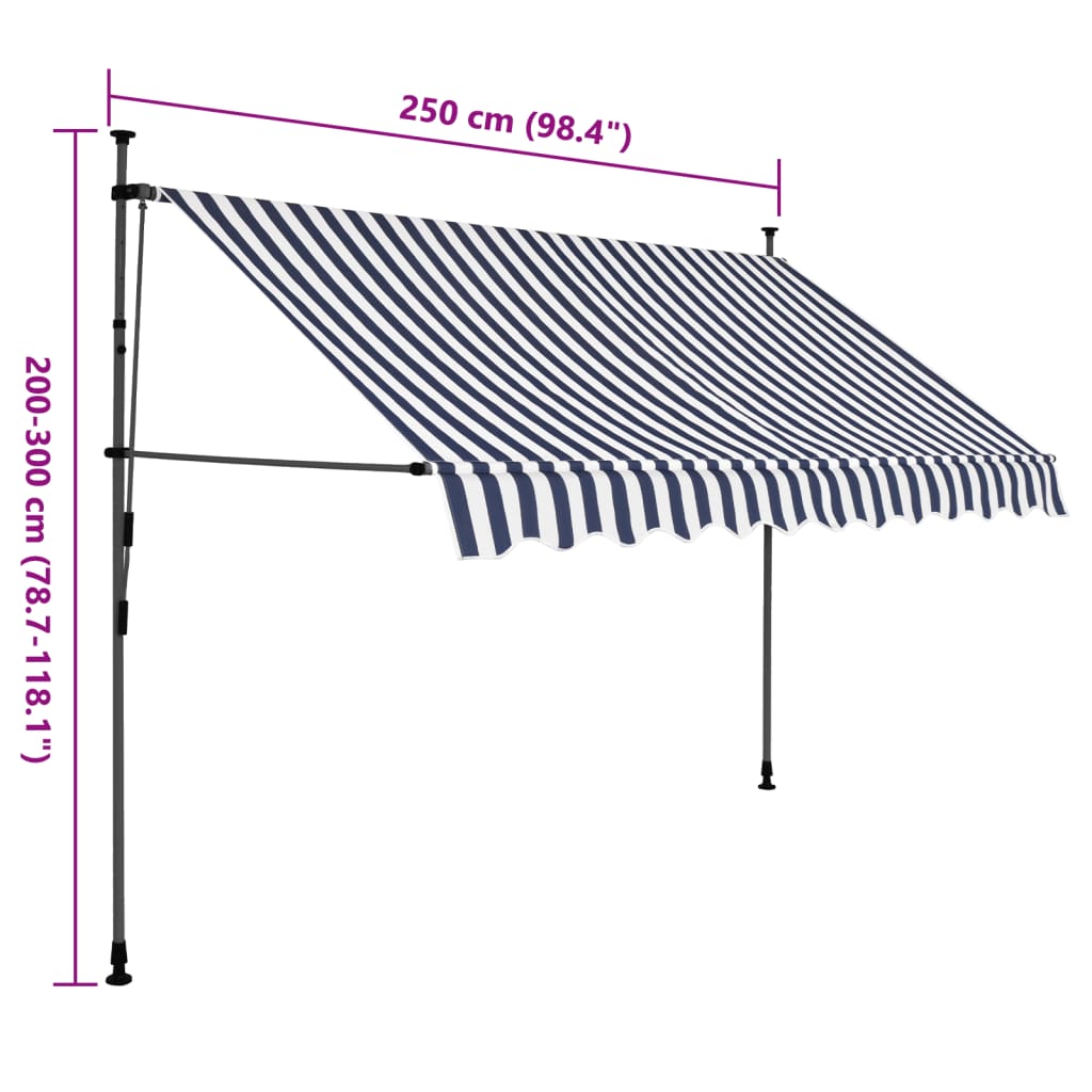 Markis manuellt infällbar med LED 250 cm blå och vit