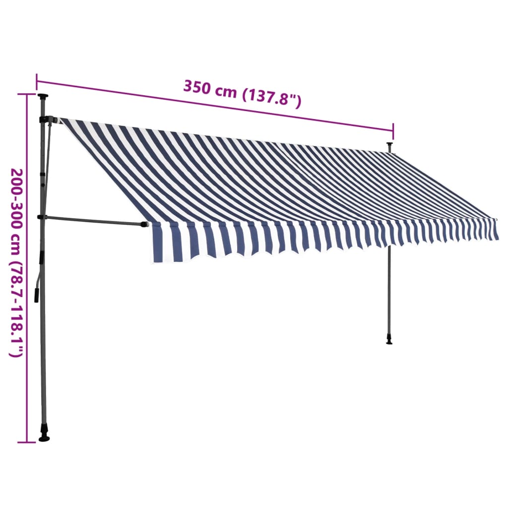 Markis manuellt infällbar med LED 350 cm blå och vit