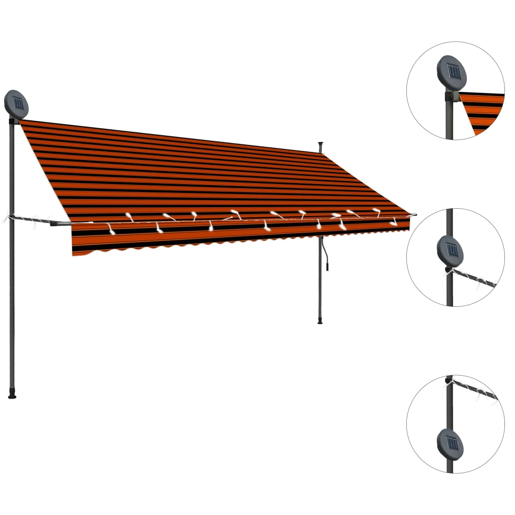 Markis manuellt infällbar med LED 350 cm orange och brun