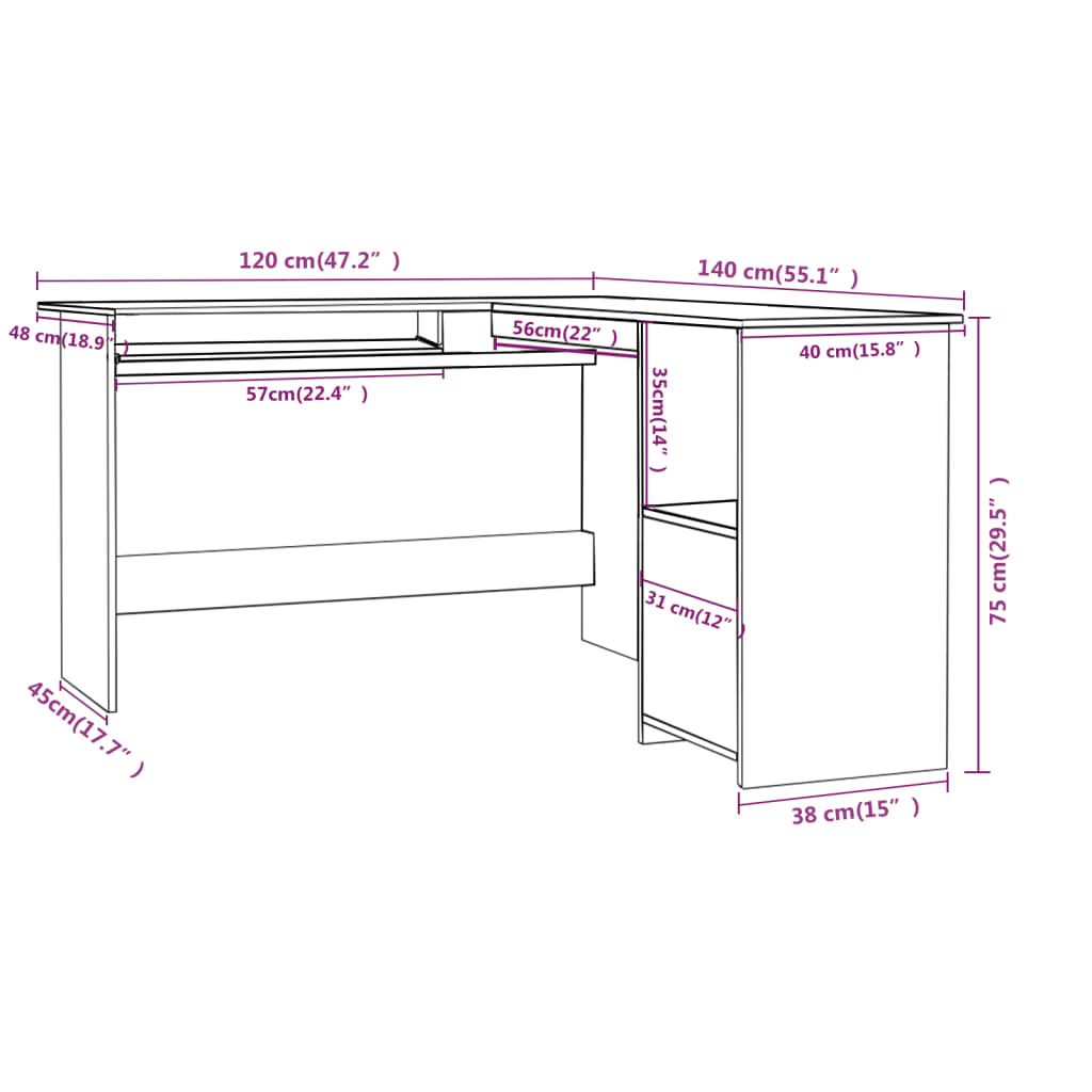 Skrivbord L-format vit 120x140x75 cm konstruerat trä