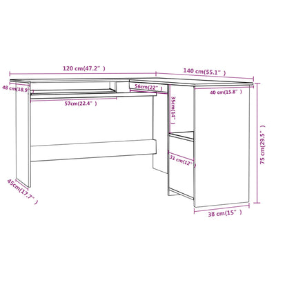 Skrivbord L-format vit 120x140x75 cm konstruerat trä