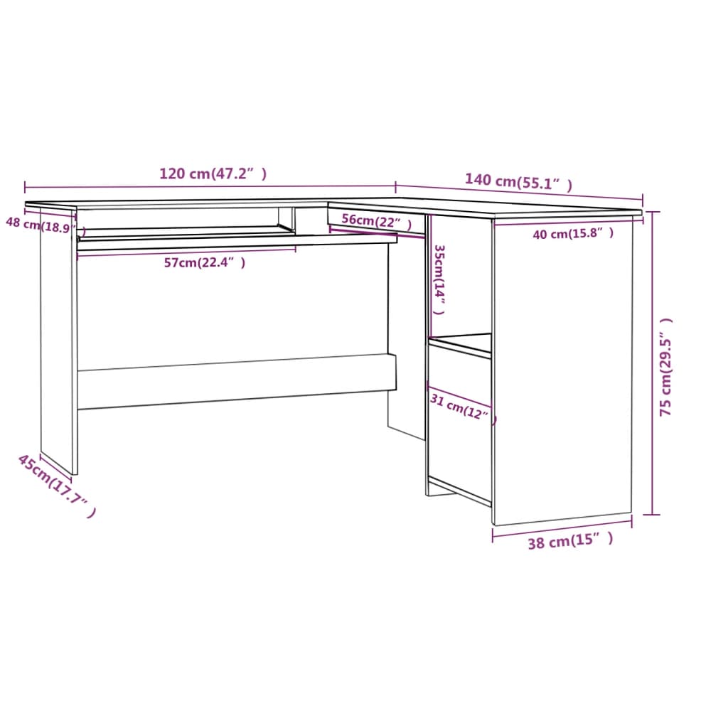 Skrivbord L-format betonggrå 120x140x75 cm konstruerat trä