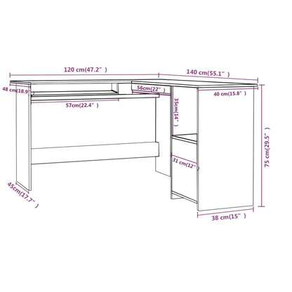 Skrivbord L-format betonggrå 120x140x75 cm konstruerat trä