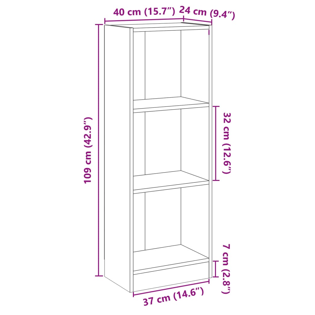 Bokhylla 3 hyllor grå 40x24x109 cm konstruerat trä