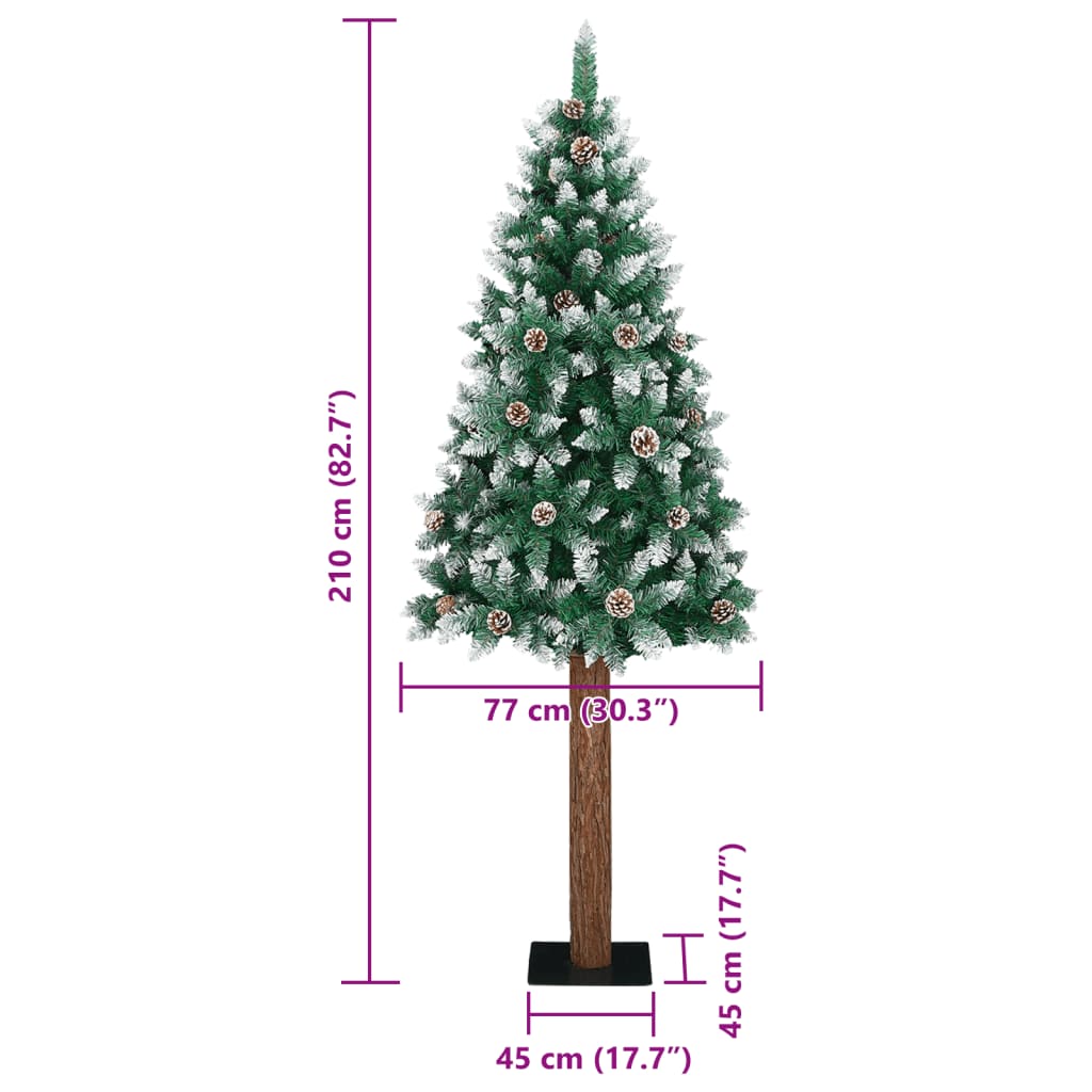 Smal plastgran med äkta trä och kottar vit snö grön 210 cm