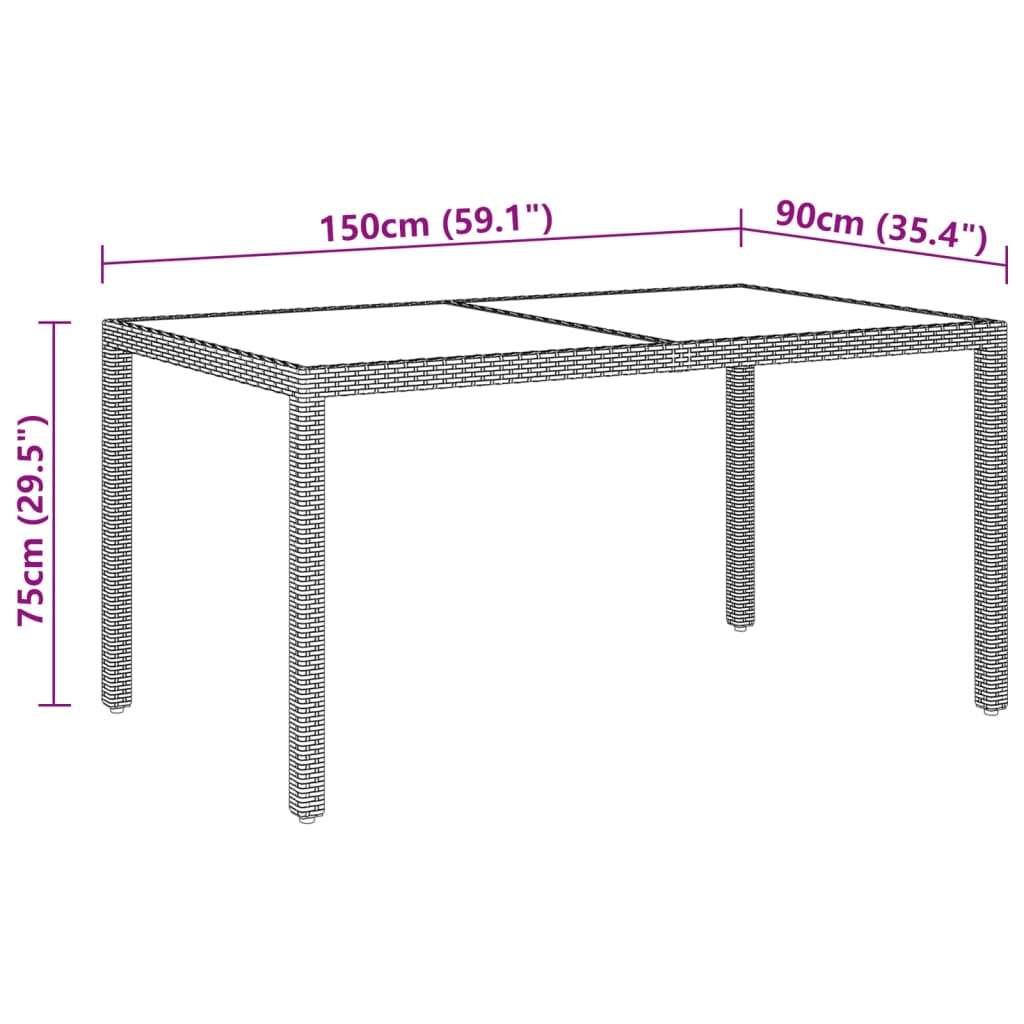 Trädgårdsbord 150x90x75 cm härdat glas och konstrotting beige