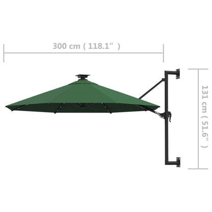 Väggmonterat trädgårdsparasoll med LEDs 300 cm grön