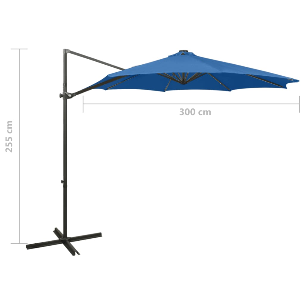 Frihängande trädgårdsparasoll med stång och LEDs azurblå 300 cm