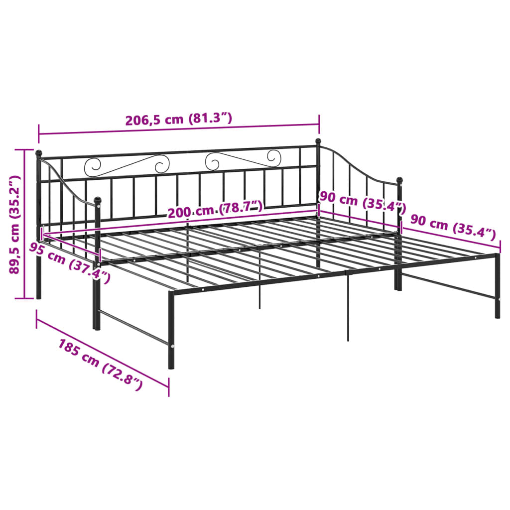 Utdragbar sängram bäddsoffa svart metall 90x200 cm