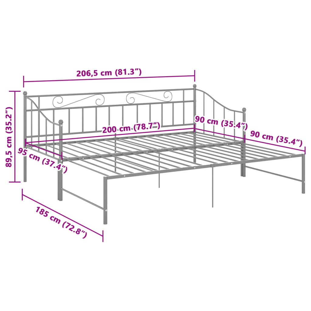 Utdragbar sängram bäddsoffa grå metall 90x200 cm