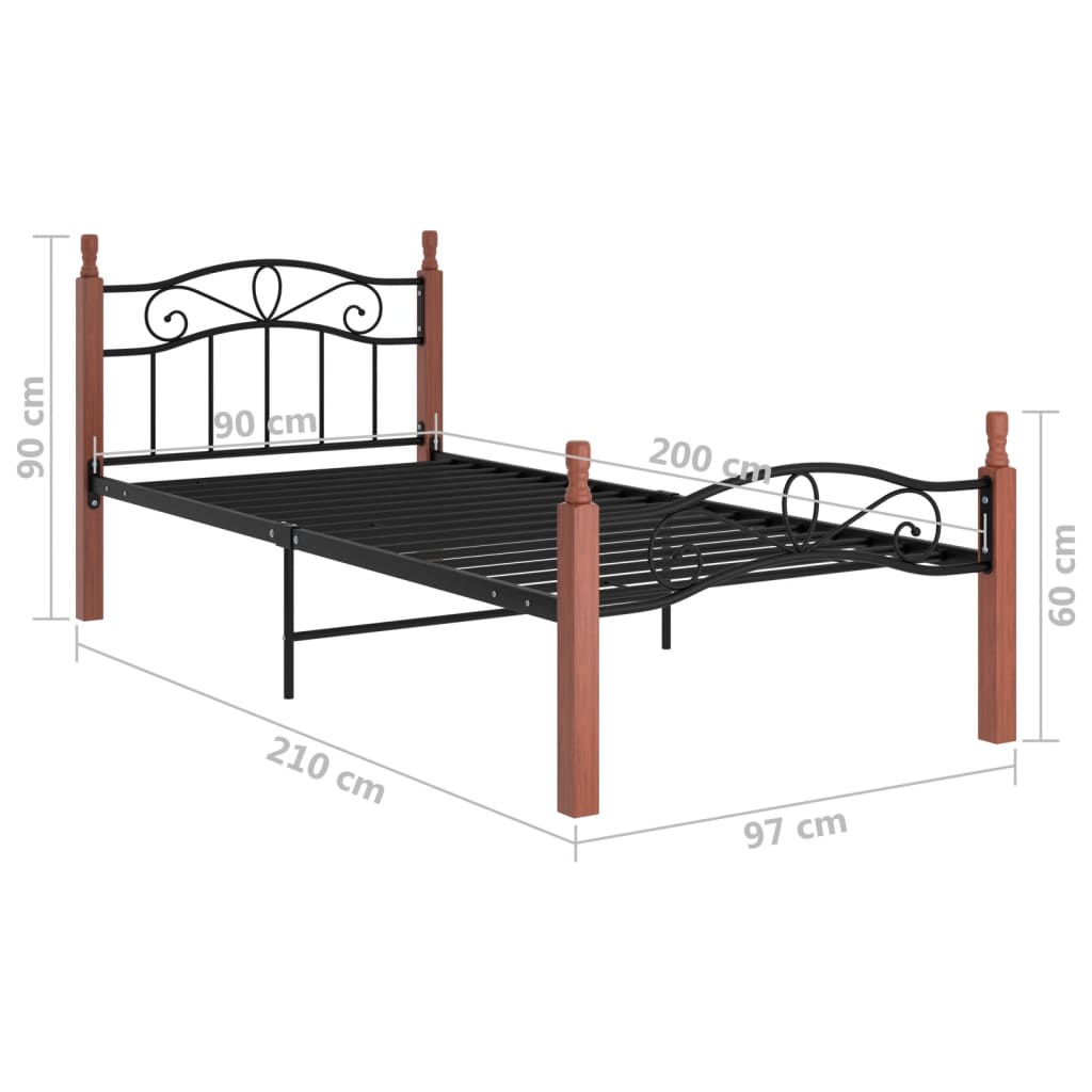 Sängram svart metall och massiv ek 90x200 cm