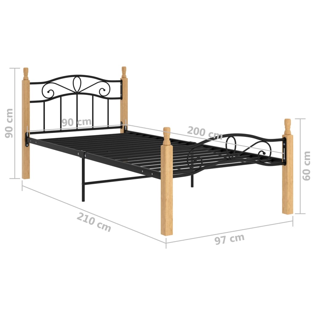 Sängram svart metall och massiv ek 90x200 cm