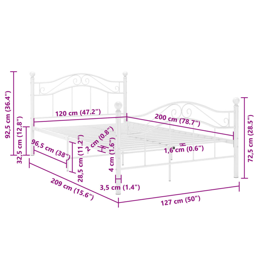 Sängram utan madrass vit metall 120x200 cm