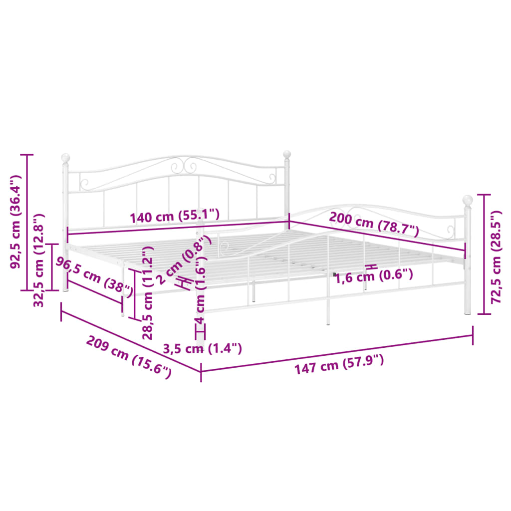 Sängram utan madrass vit metall 140x200 cm