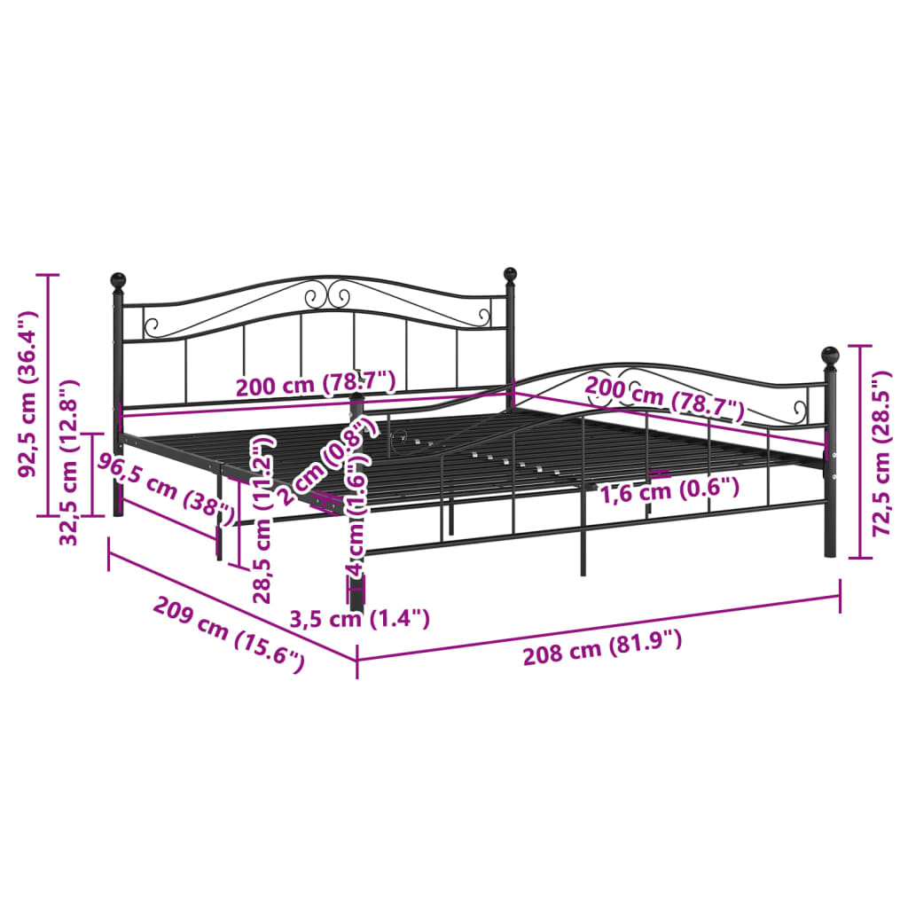 Sängram utan madrass svart metall 200x200 cm