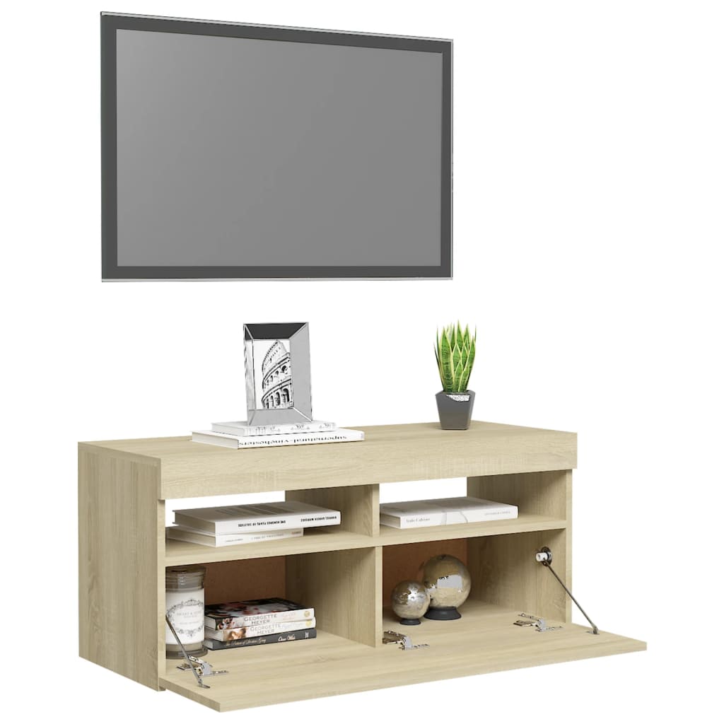 TV-bänk med LED-belysning sonoma-ek 90x35x40 cm